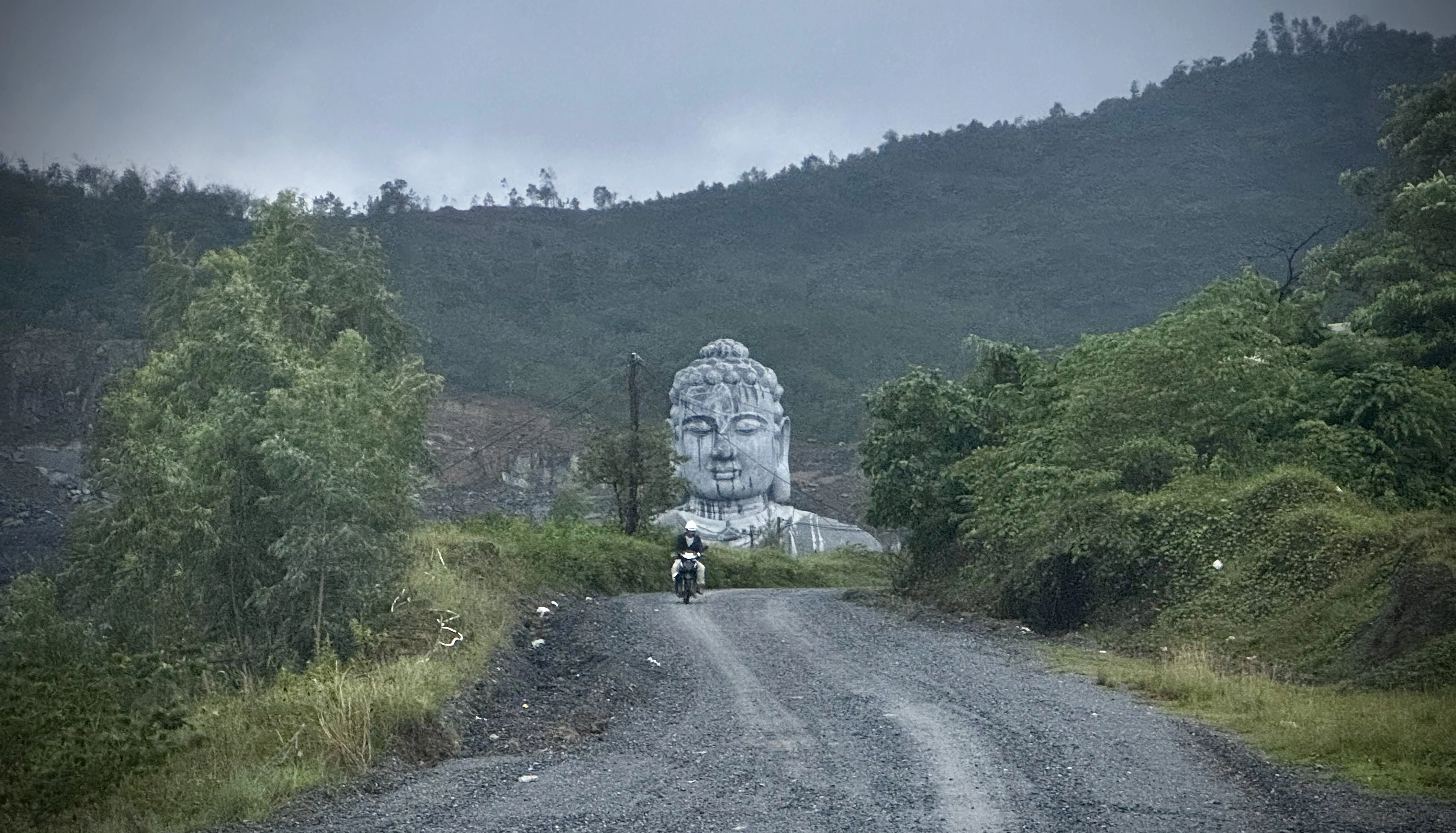 a statue of Buddha peaking over the road in a massively green landscape