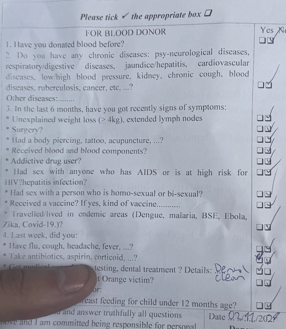 image of a blood donation checklist as part of my cultural reflections on Vietnam